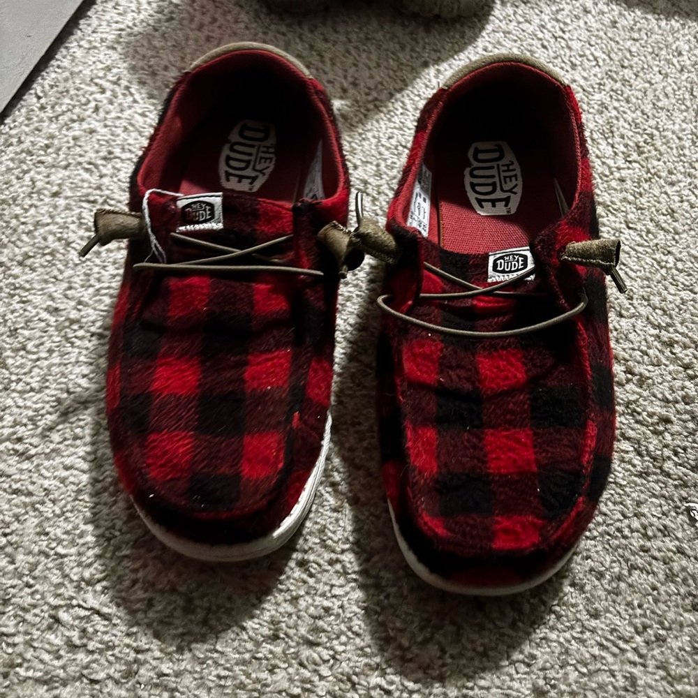 Hey Dude Red and Black Plaid Sneakers